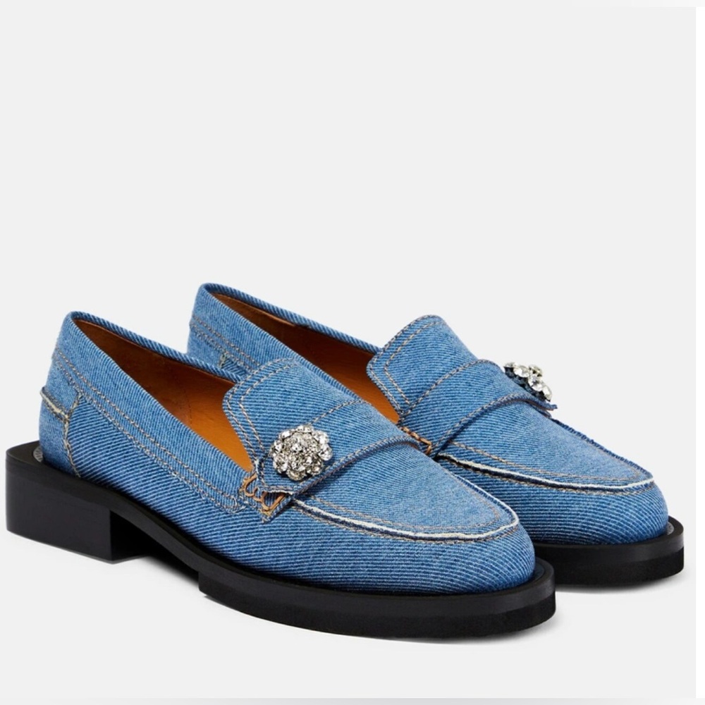 Ganni Crystal Embellished Denim Loafers